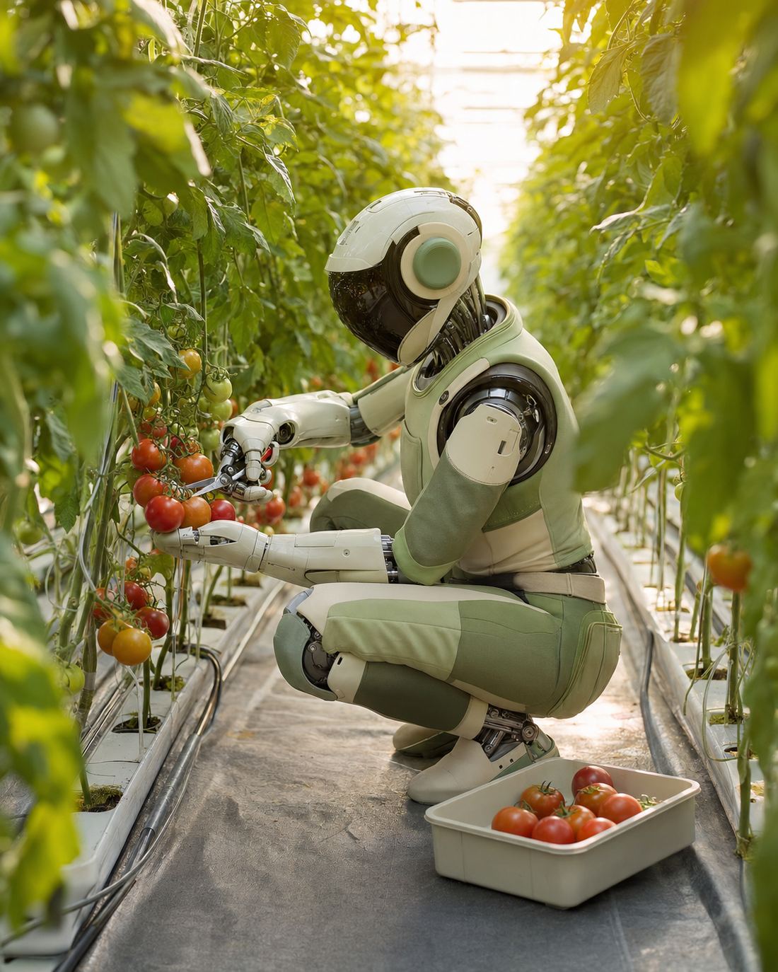 Robot harvesting ripe tomatoes in a greenhouse