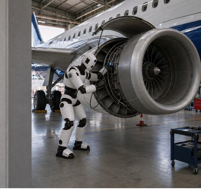 Robot inspecting an open aircraft engine