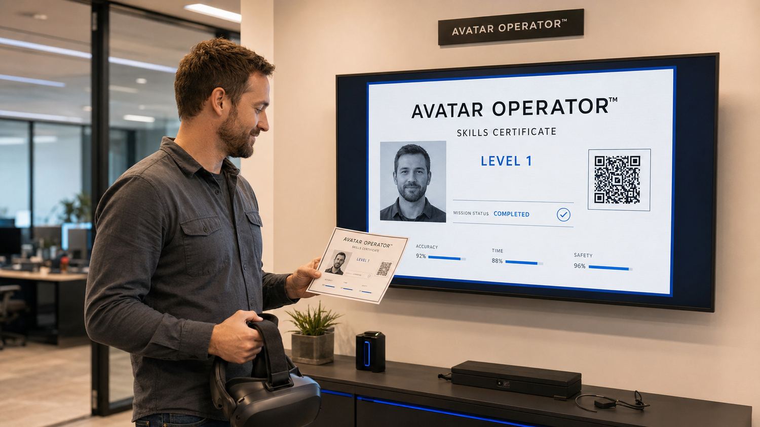 A graduate reviews his Avatar Operator skills certificate with accuracy, time and safety scores and a QR code