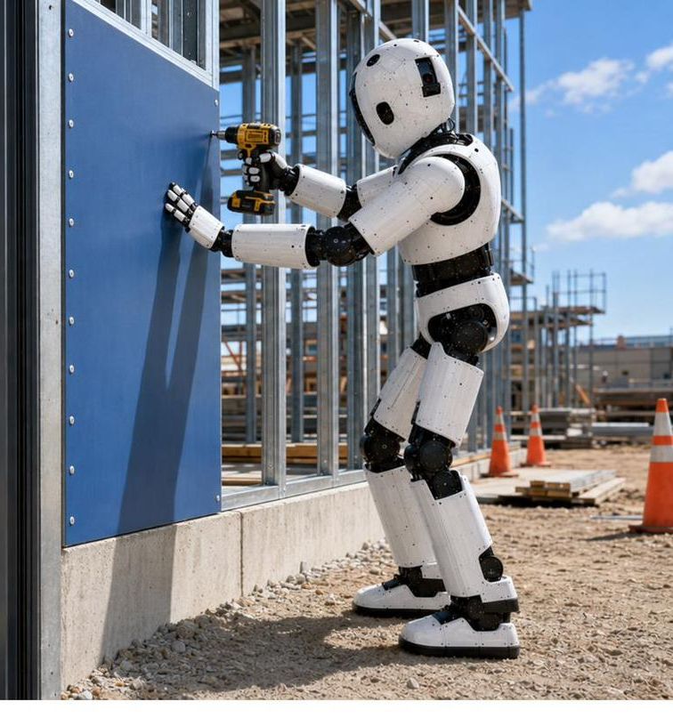 Robot fastening a facade panel with a drill on a construction site