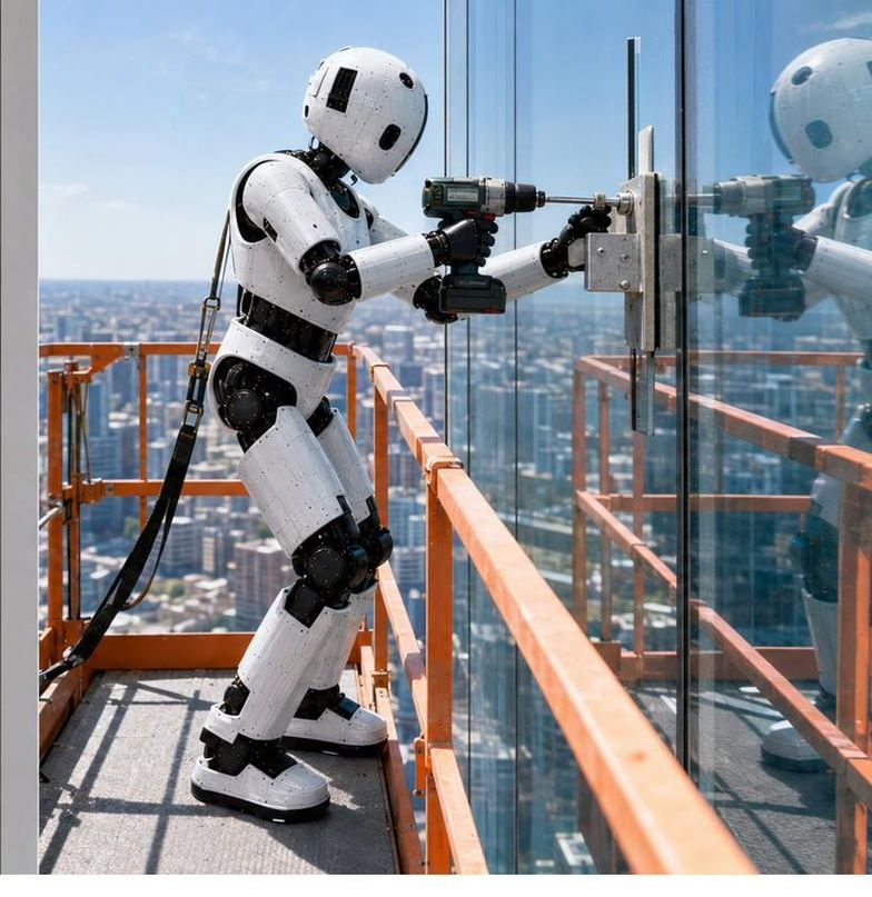 Robot working on a skyscraper facade from a suspended platform