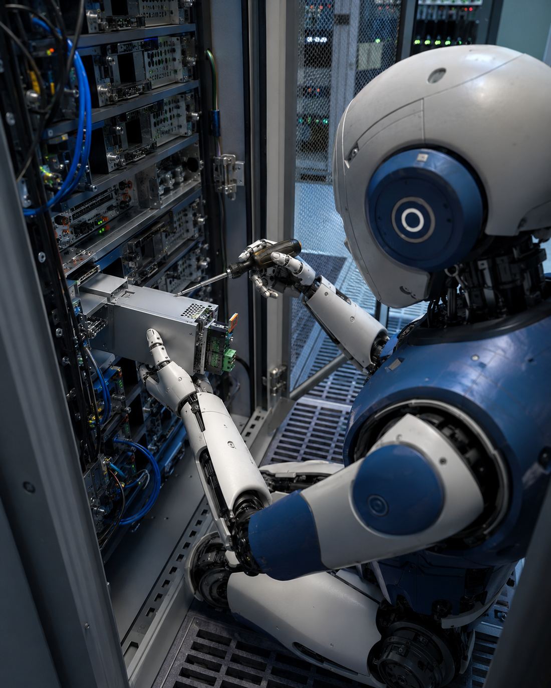 Robot servicing an electrical equipment rack with a screwdriver
