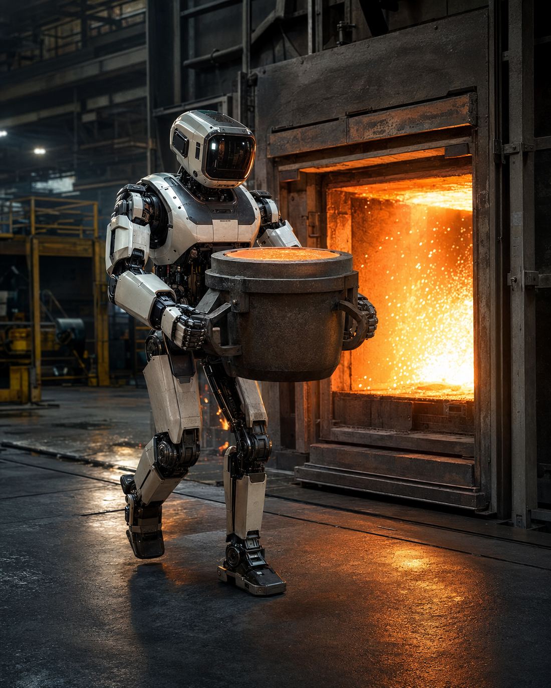 Robot carrying a crucible at a foundry furnace