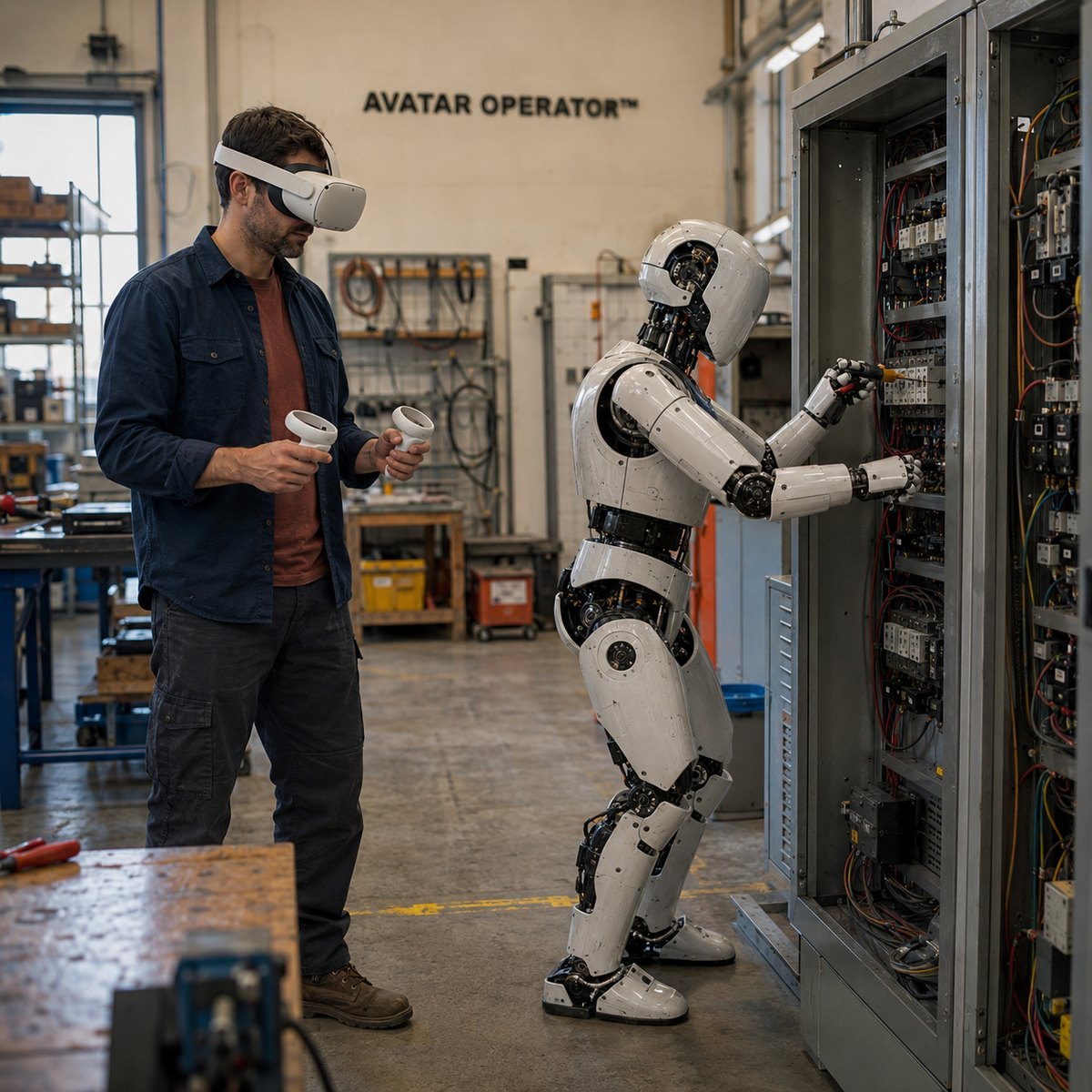 A physical robot servicing an electrical panel on a workshop floor