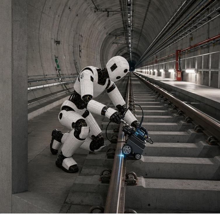 Robot measuring rail with diagnostic equipment in a tunnel