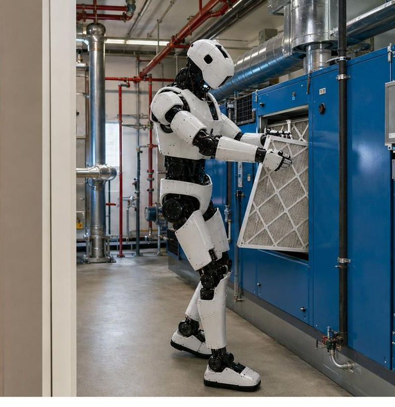 Robot replacing an air filter in an industrial HVAC unit