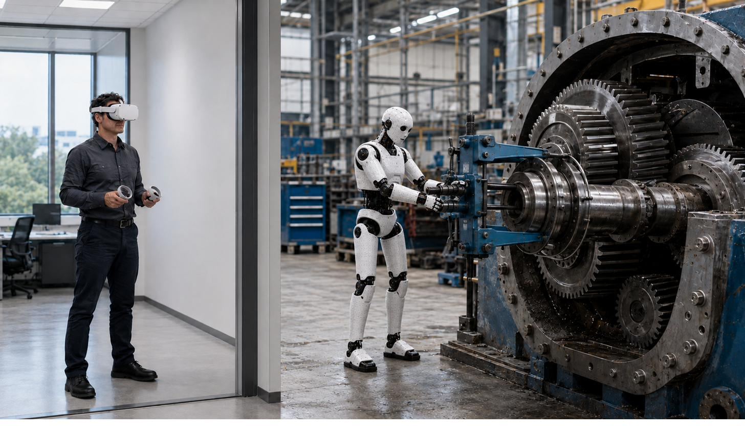 A robot services industrial equipment during a training mission
