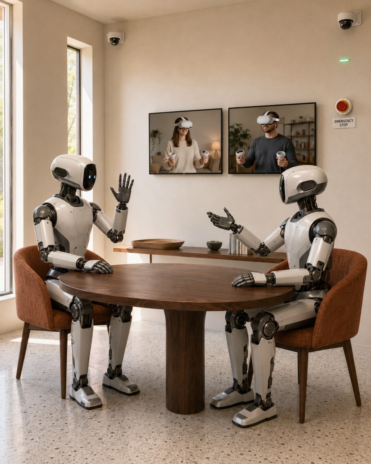Conversation room with robots and remote participants