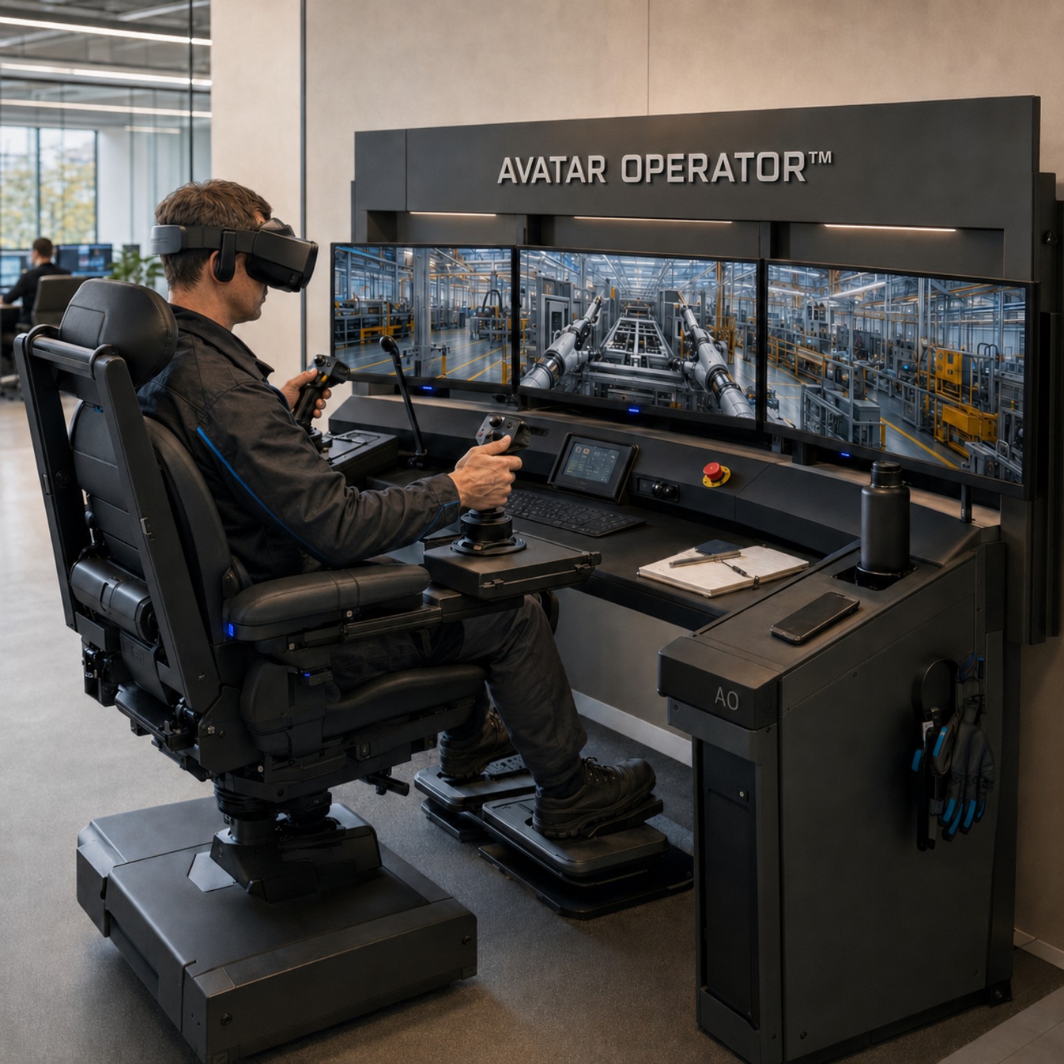 Professional robot control station with a chair, screens and controllers